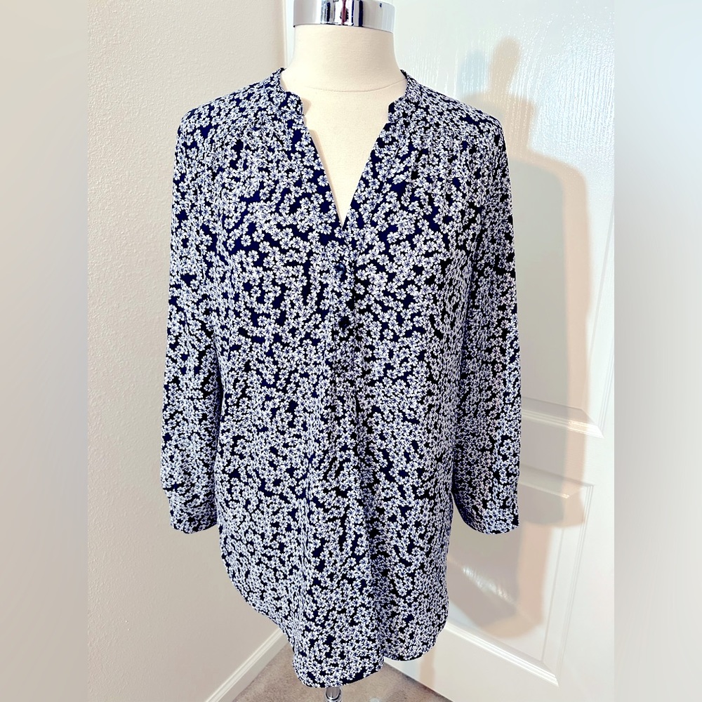 Halogen Navy Floral Popover Blouse, Henley Button Collar & Cuff Sleeves …